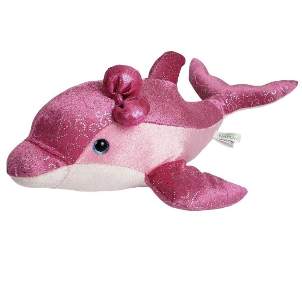 Destination Nation Pink Sparkle Dolphin Plush Stuffed Animal Silver Blue Eyes